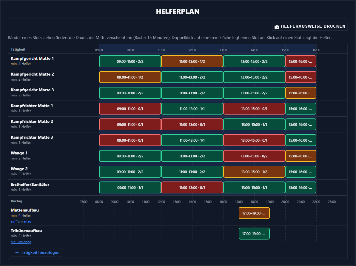 Der Helferplan im Dunkelmodus: Zeitstrahl mit Diensten an den Matten und Waagen, die Zeitfenster sind grün (besetzt), gelb (teilweise) oder rot (leer)